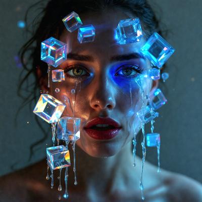 The primary subject of the image is a woman with blue eyes and a blue-green face. She is wearing a necklace made of blue and green cubes. The setting is a dark room, and the visual style is a combination of digital art and illustration. The colors and mood of the image are predominantly blue and green, creating a serene and artistic atmosphere.
